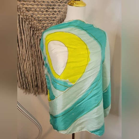 Vana Elegant Teal and Yellow Silk Scarf 24X24 - Picture 2 of 5
